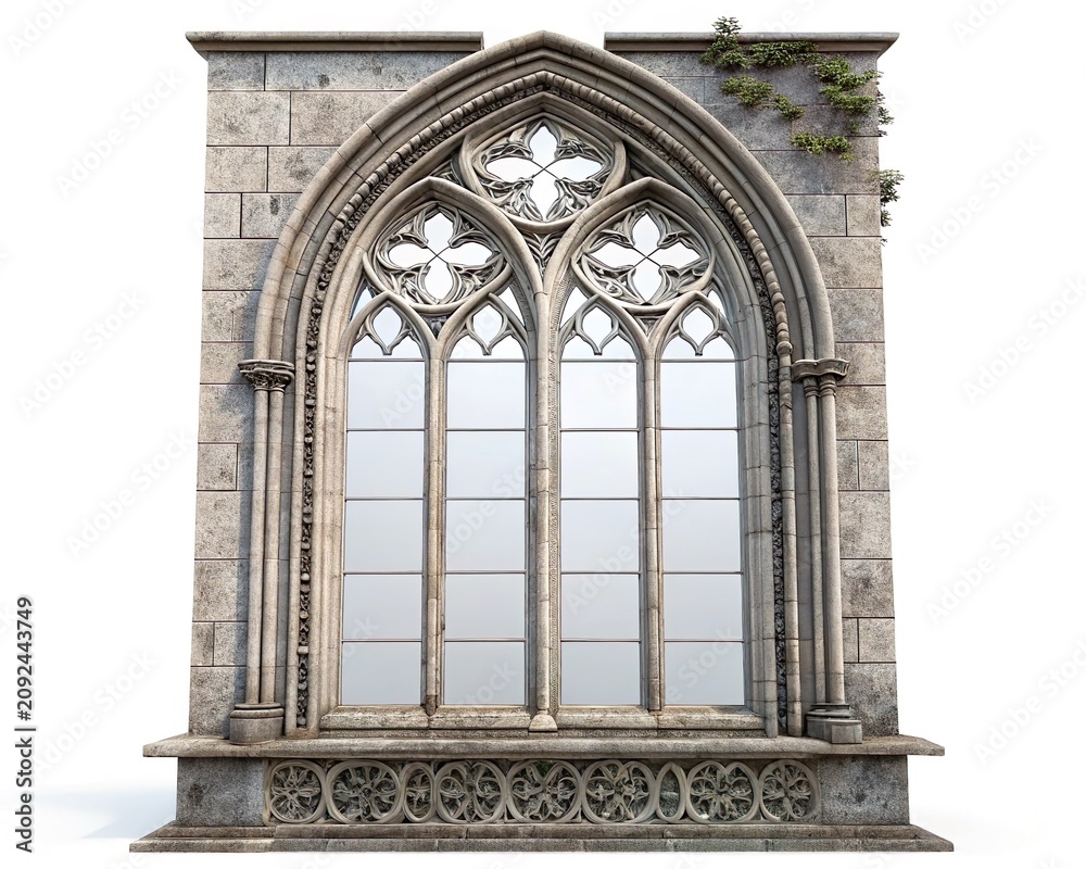 Obraz premium Front view of an old gothic stone window with pointed arches, carved details and light ivy, isolated on a white background.