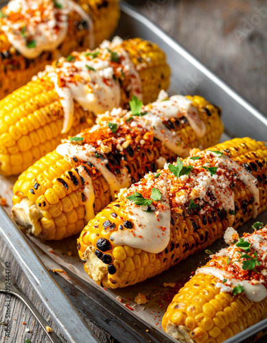 Charred Mexican street corn is smothered in creamy mayo and sprinkled with chili powder and crumbled cotija cheese on a tray.