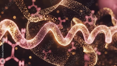Abstract oxytocin molecule visualization with glowing chemical bonds and golden particle spirals