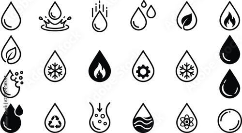Water Drop and Liquid Line Icon Set featuring Eco Leaf, Fire Flame, Snowflake, Recycle, and Oil Fluid Symbols for Environmental and Industrial Web Layouts