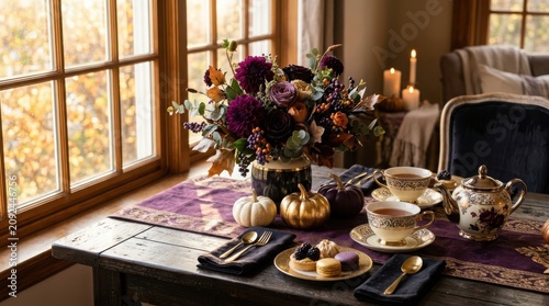 Elegant autumn table setting with dark purple floral arrangement golden pumpkins tea service and fancy sweet pastries.