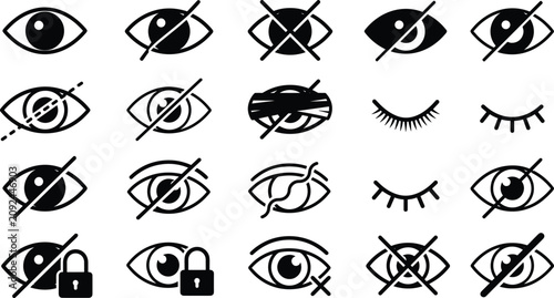 Eye Visibility and Privacy Icon Set featuring Hidden Password, Crossed Out Vision, Blindfold, Padlock Security, and Eyelash Symbols for User Interfaces