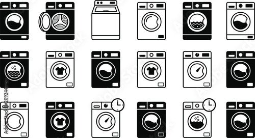 Washing Machine and Laundry Service Icon Set featuring Front Load, Top Load, Appliance Timer, and Clothing Clean Symbols for Housework Interface Designs