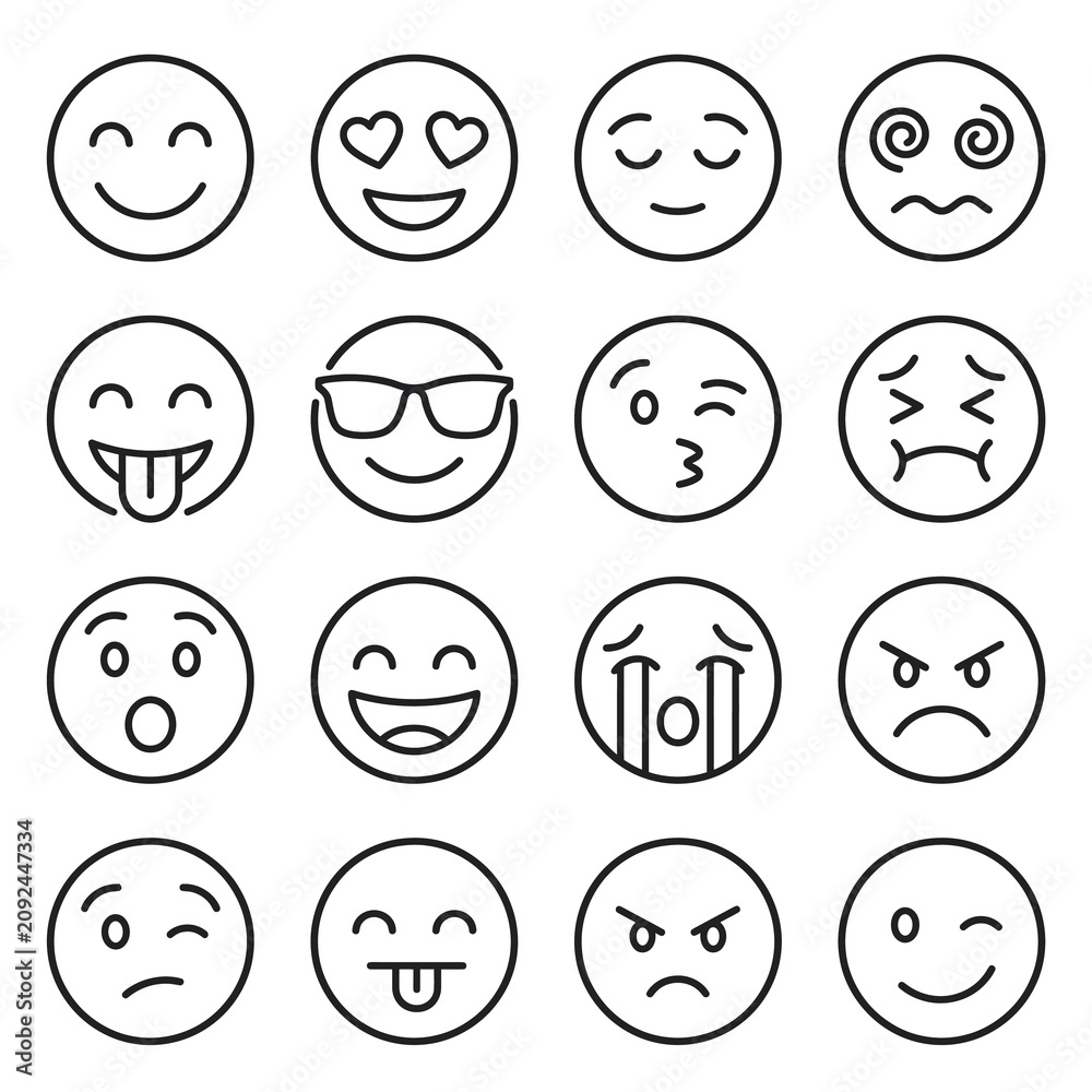 Fototapeta premium Minimal Emoji Line Icon Set with Happy Love Calm Angry Crying Laughing Sunglasses and Funny Facial Expressions Isolated on White Background