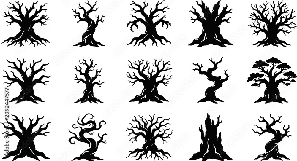 Fototapeta premium Collection of 13 unique black tree silhouettes on white background