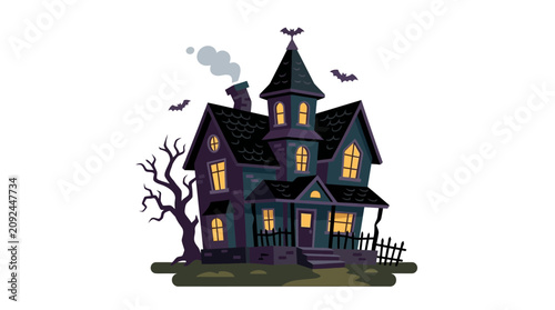Halloween clipart vector Halloween haunted house, spooky mansion, purple house, cartoon vector isolated on White Background eps