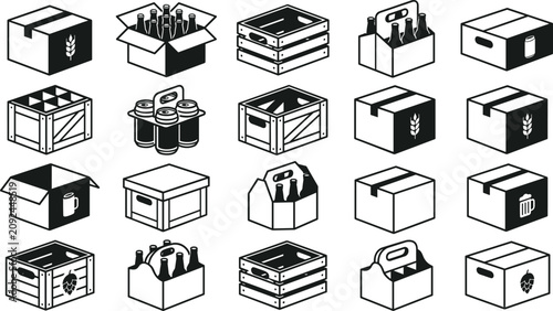 Beer Packaging and Cargo Delivery Icon Set featuring Cardboard Boxes, Wooden Crates, Bottle Carriers, and Can Packs for Brewery Logistics and Retail Branding