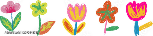 Hand Drawn Crayon Flower Doodles and Colorful Kids Wax Pencil Floral Vector Set