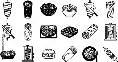 Doner Kebab and Shawarma Fast Food Icon Set featuring Gyros, Wrap, Shish Kabob, and Middle Eastern Street Food Symbols for Restaurant Menu Layouts
