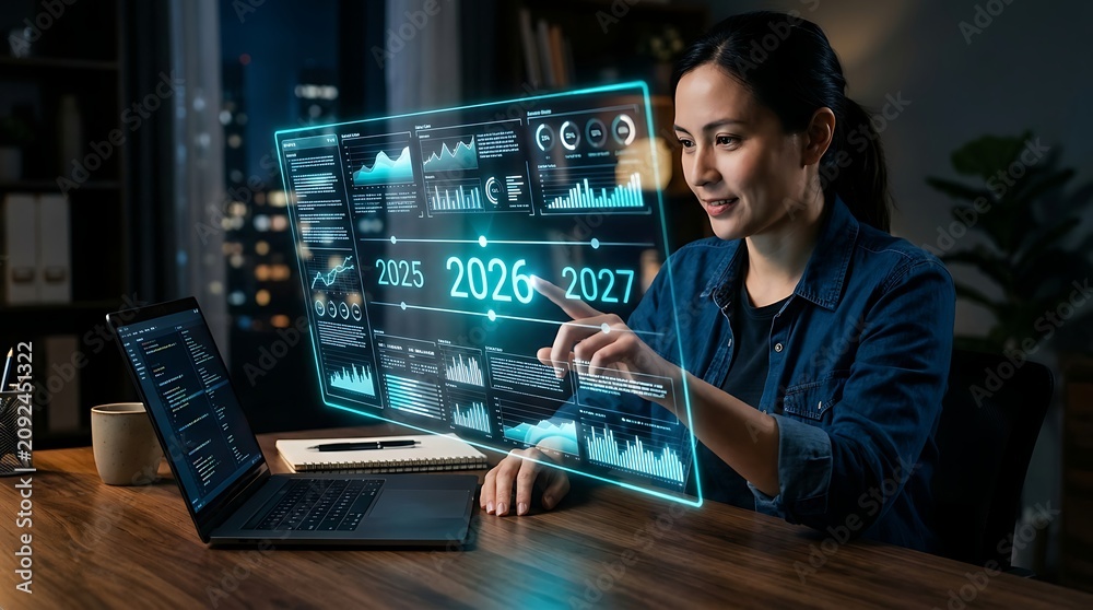 Fototapeta premium Businesswoman interacting with a holographic interface showing financial growth