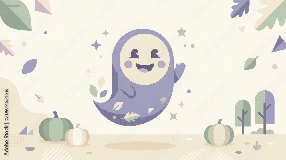 Fototapeta premium Cute cartoon ghost character with pumpkins and falling leaves for autumn halloween party flat vector illustration greeting.