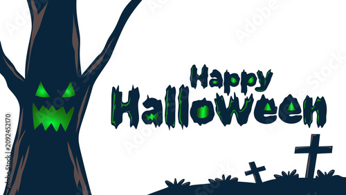 Happy Halloween Spooky Tree With Glowing Face and Graveyard