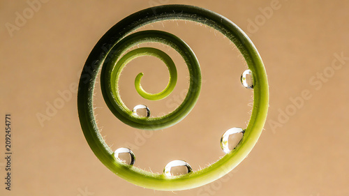 Spiral curled plant tendrils embellish with translucent water droplets, representing the concept of contour lifting, skin tightening, and slow-release penetration skincare
