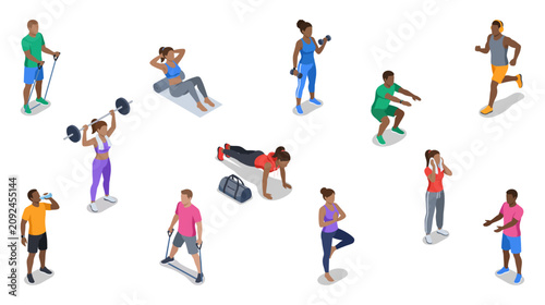 Schilderij op canvas Fitness center people and diverse athletic characters exercising at the gym | Is