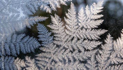 Intricate fernlike frost crystals spread across a cold windowpane, creating a natural winter texture for seasonal design backgrounds or climate stories.