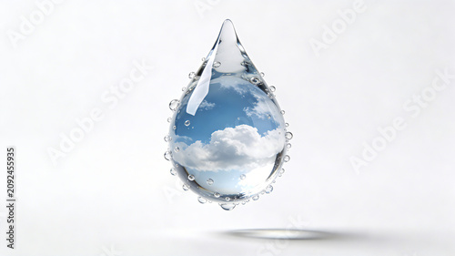 Giant clear water droplets embedded in clear sky clouds hang in the air, representing the concept of deep hydration, impurity purification, and pure water skincare
