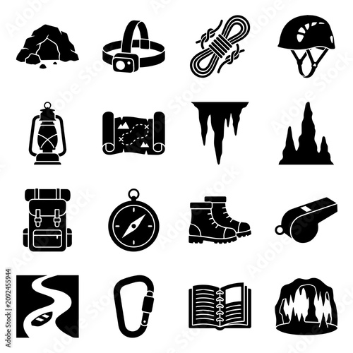 Fotografie Caving and spelunking adventure equipment icons set with spelunking, adventure