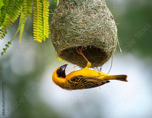 a weaver bird building a nest in a tree with a blurred background