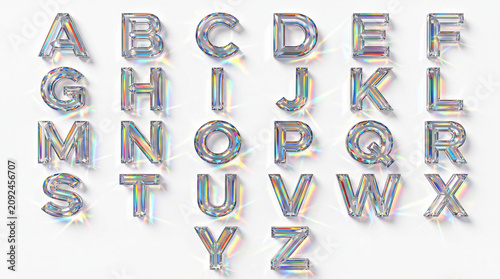 Iridescent crystal alphabet characters on white background