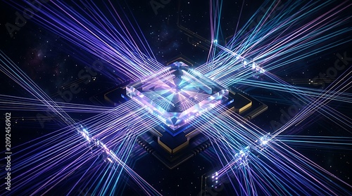 Advanced central processing unit with glowing fiber optic data streams transparent background