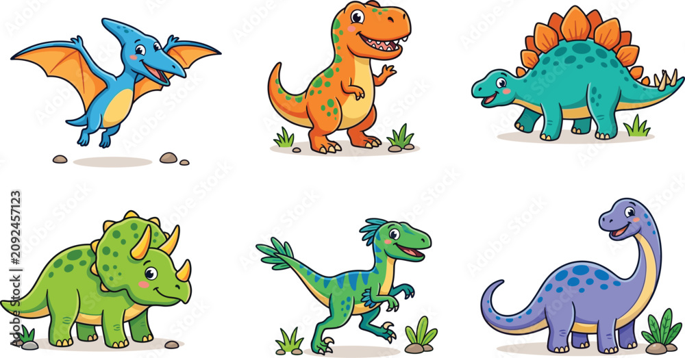 Naklejka premium Cute Cartoon Dinosaur Collection with Tyrannosaurus Triceratops Stegosaurus Pterodactyl and Sauropod Characters