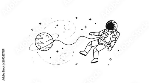 Photography Astronaut floating in space near a ringed planet, stars and galaxy swirls
