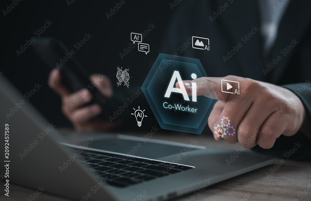 Fototapeta premium AI co-worker technology enhancing human collaboration through intelligent assistance, task automation, content generation, workflow support, business productivity and digital workplace innovation.