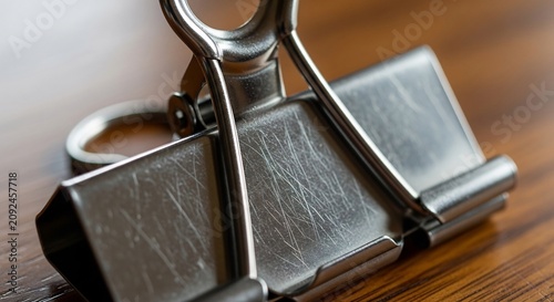 Close up of a metal binder clip on a wooden surface.