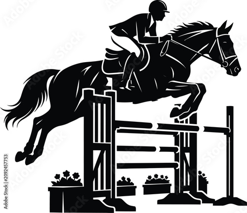 Black silhouette of a horse and rider jumping over a wooden fence during a show jumping competition sport event showing movement and equestrian athletic action