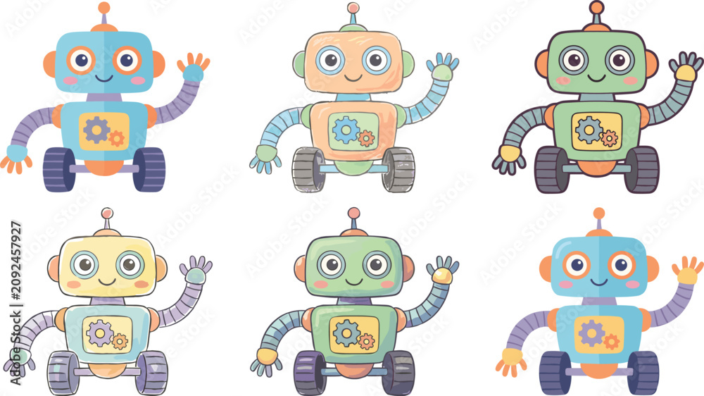 Fototapeta premium Cute Cartoon Robot Illustration Collection with Friendly AI Characters for Kids and Education