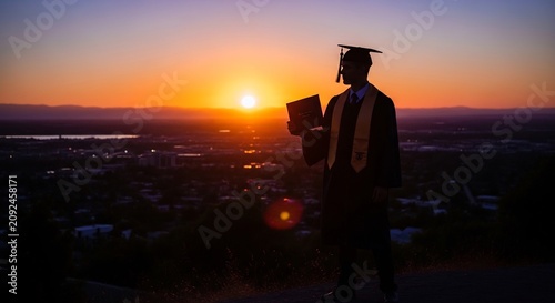 Silhouette of a Graduate Holding a Book Against a Stunning Sunset.