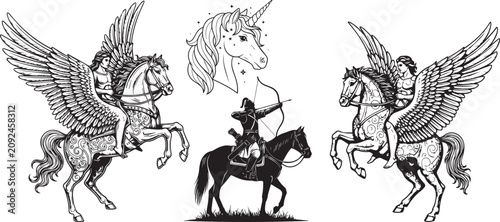 Canvastavla Three winged horses with riders flying in sky