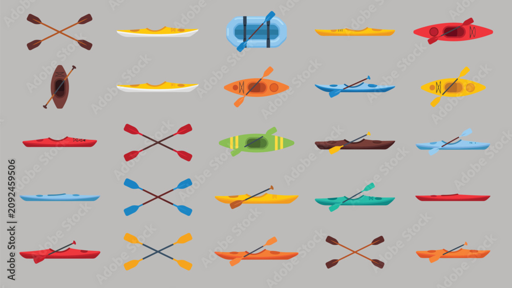Fototapeta premium Detailed vector collection of various kayak designs and paddle icons for water sports and summer outdoor activities