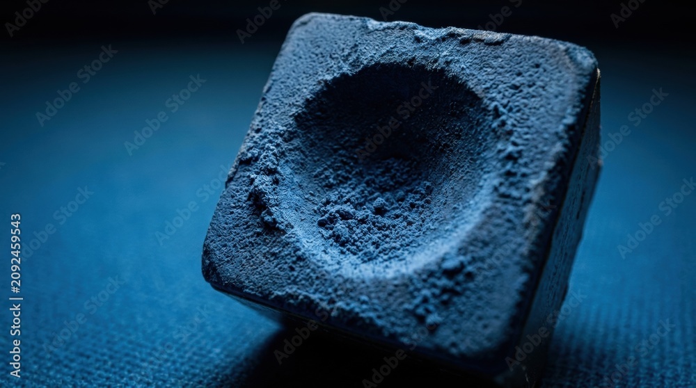 Fototapeta premium Billiard chalk cube macro shot, brick with dark spots against blue fabric