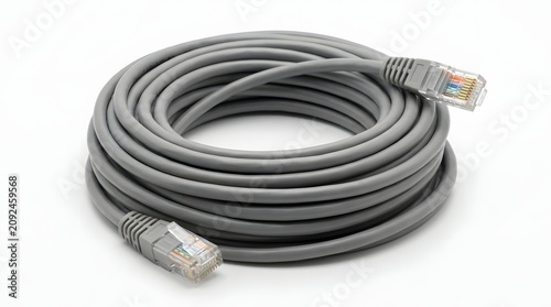 Fototapeta Coiled gray ethernet network cable with clear modular plug connectors ends.