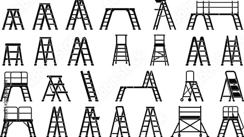 Stepladder and Extension Platform Silhouette Icon Set Featuring Black Vector Graphics of Various Household Ladders Scaffolding and Construction Safety Tools for Industrial Layout Designs