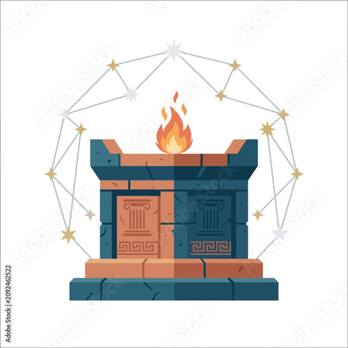 Ancient stone altar with ritual flame and celestial constellation