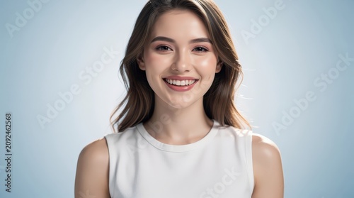 A young woman with long hair smiles brightly, wearing a white sleeveless top against a soft blue-gray background.
