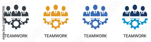 Corporate business teamwork and workflow optimization solid icon set, professional employees with gear mechanism mechanism, corporate management and leadership partnership vector.
