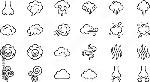 Bad smell and toxic gas line icon set with nose smelling stench cloud toxic smoke skull and steam vapor vectors.