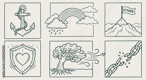 Foto Environmental weather elements icons set featuring rainbow clouds rain wind tre