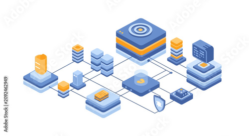 Isometric illustration of interconnected technology and data blocks.