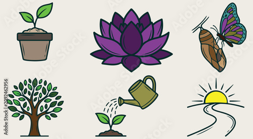 Konstfotografi : Nature growth care icons set featuring lotus flower watering can plant sprout
