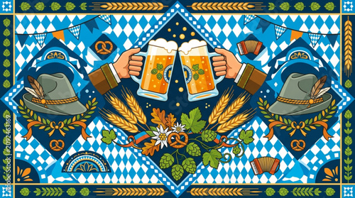 Vibrant beer festival, bandana design, harvest celebration, blue and orange pattern
