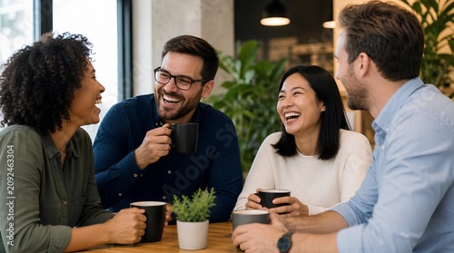 Four diverse coworkers laugh together over coffee at a modern office table, useful for teamwork, company culture, collaboration, and workplace wellness promotions.