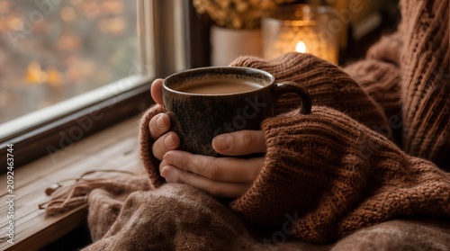 Hands in a chunky knit sweater cradle a warm mug beside a window and glowing candle, suited to cozy autumn lifestyle or self-care promotions.