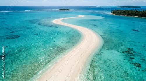 Aerial view of a winding white sandbar through turquoise tropical lagoon waters near palm islands, ideal for luxury travel and beach vacation marketing.