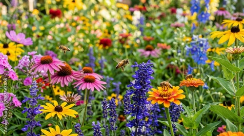 Honeybees hover among bright coneflowers, black eyed susans, and blue salvia in a lush pollinator garden for biodiversity and summer gardening campaigns.