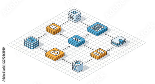 Isometric illustration of interconnected network servers and data storage systems.