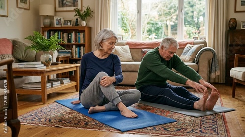 An older couple stretches on yoga mats in a cozy living room, conveying healthy aging, home fitness, and wellness routines for senior lifestyle marketing.